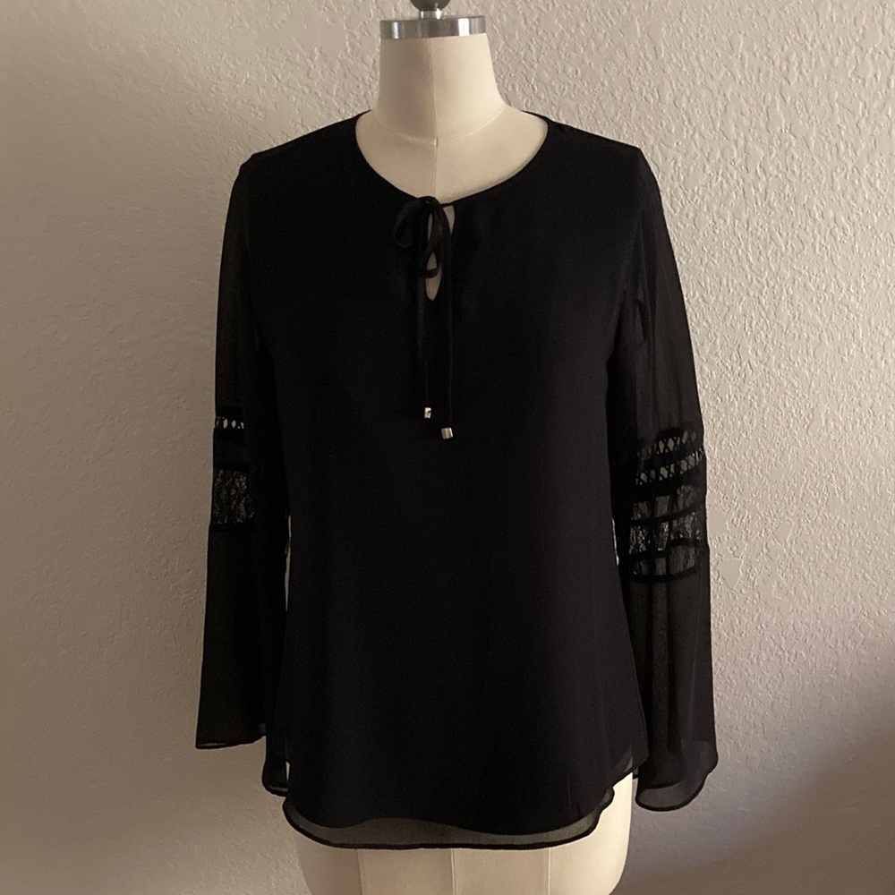 Calvin Klein Black Relaxed Tie Front Long Sleeve Blouse